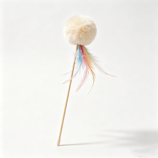 Cream Pom‑pom & Rainbow Feather Cat Wand