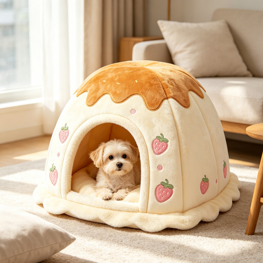 Strawberry Cake Shaped Enclosed Cat Bed