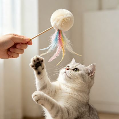 Cream Pom‑pom & Rainbow Feather Cat Wand