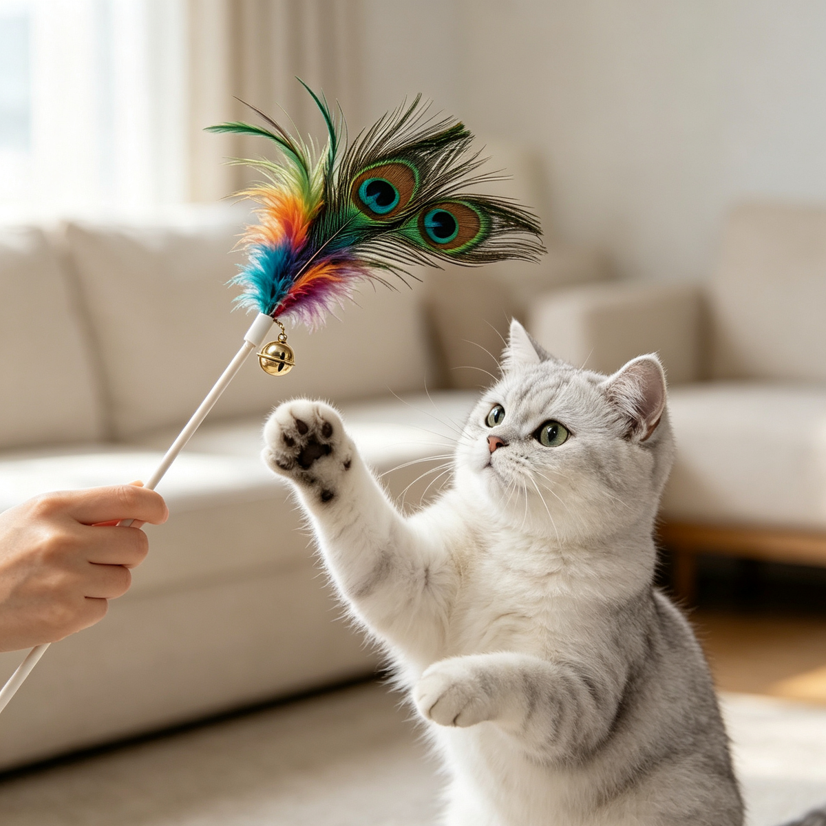 Peacock Feather Cat Teaser Wand with Bell