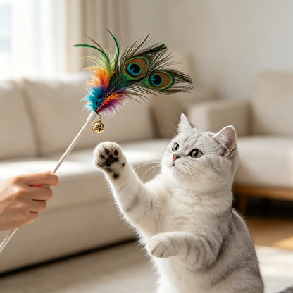 Peacock Feather Cat Teaser Wand with Bell