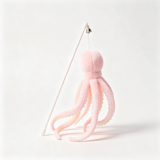 Pink Octopus Plush Cat Wand Toy with Bell
