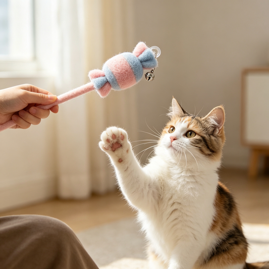 Candy‑Shaped Felt Cat Teaser Wand with Bell