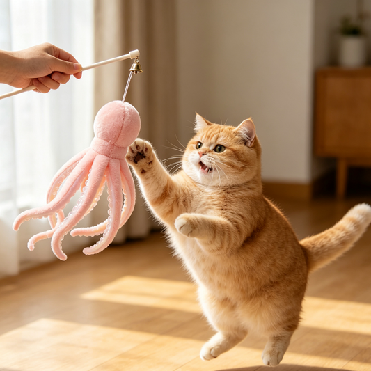 Pink Octopus Plush Cat Wand Toy with Bell