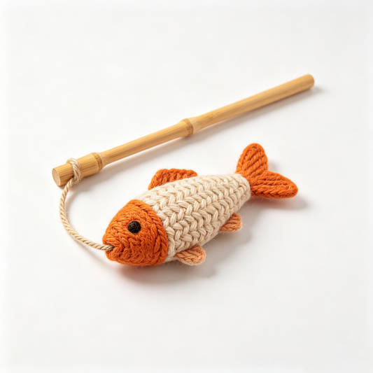 Knitted Fish Cat Toy on Bamboo Wand