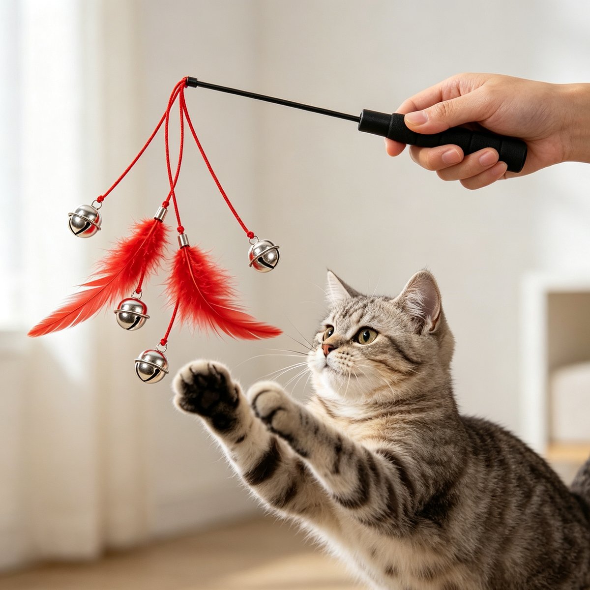 Red Feather & Multi‑Bell Cat Play Wand
