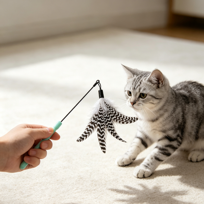 Zebra‑Print Feather Cat Interactive Wand