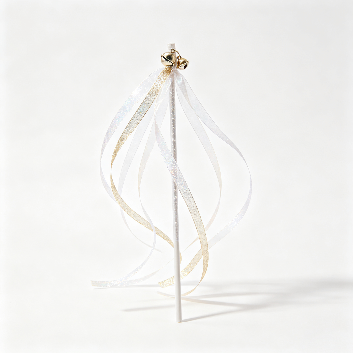 White‑Gold Glitter Ribbon Cat Wand Toy