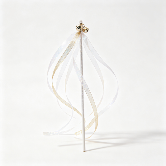 White‑Gold Glitter Ribbon Cat Wand Toy
