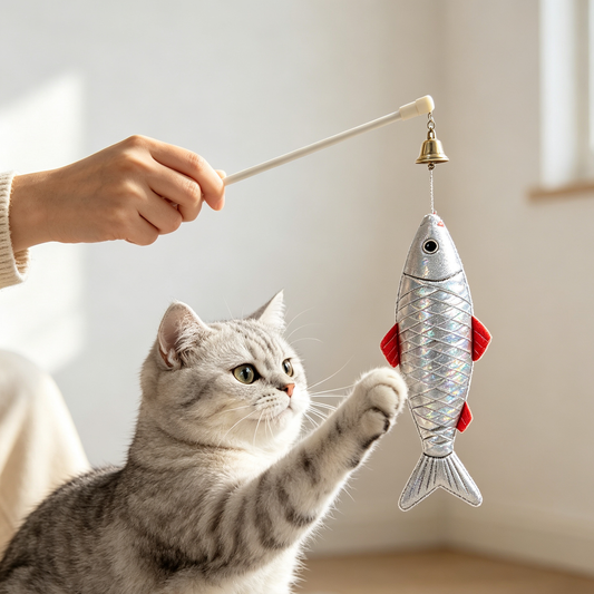 Silver Fish Wand Cat Toy with Bell