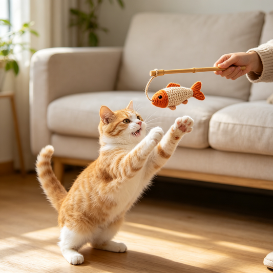 Knitted Fish Cat Toy on Bamboo Wand