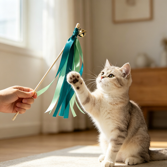 Green Satin Ribbon Cat Wand with Bell