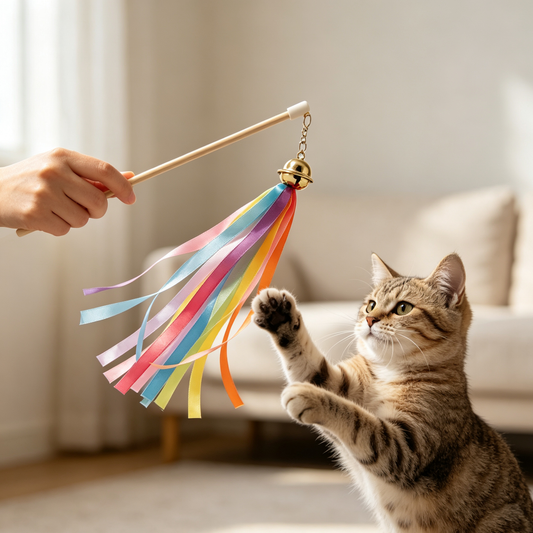 Rainbow Satin Ribbon Cat Teaser Stick with Bell