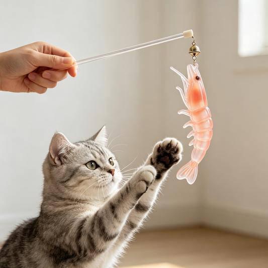 Realistic Pink Shrimp Cat Wand Toy with Bell