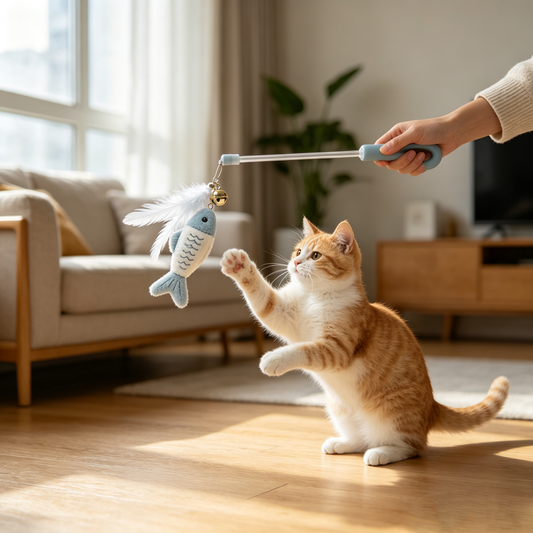 Blue‑White Fish & Feather Cat Wand