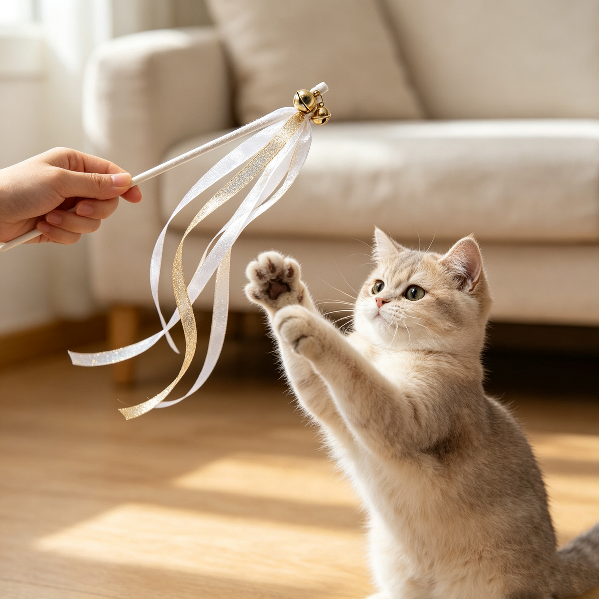 White‑Gold Glitter Ribbon Cat Wand Toy
